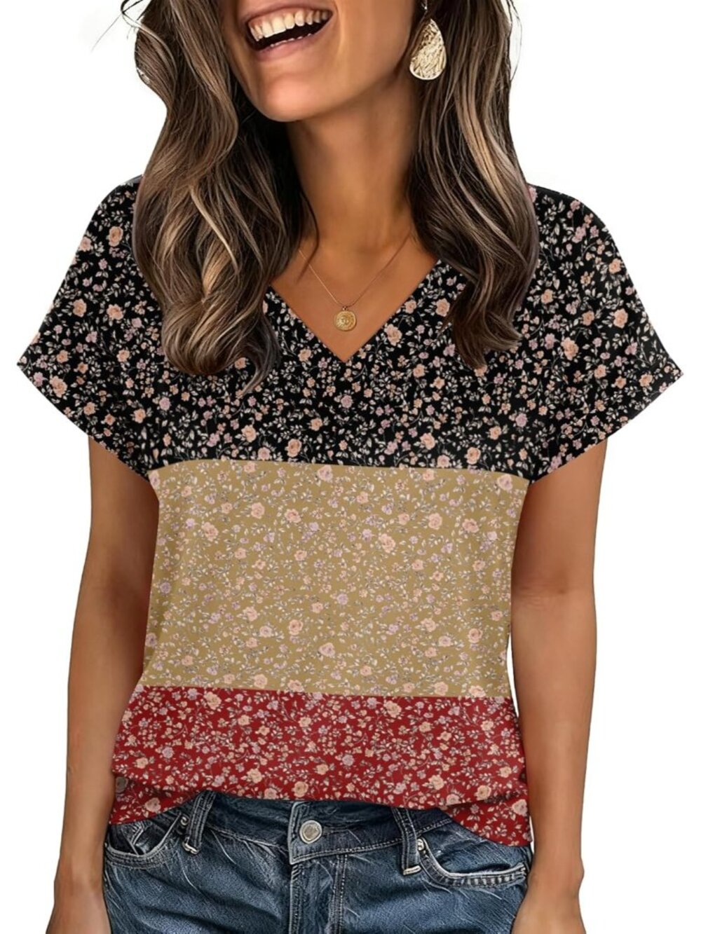 Women's Flower Short Sleeve V Neck Basic Tees Shirts Casual Tops Blouses